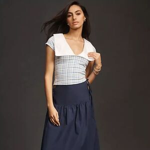 Maeve Anthropologie V-Neck Plaid Top Collar Preppy Academia Blue White Women XXS